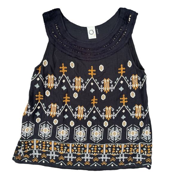 Anthropologie Akemi Kim Black Tank Top Sz S Embroidery w Metal Accents Boho - Picture 2 of 8
